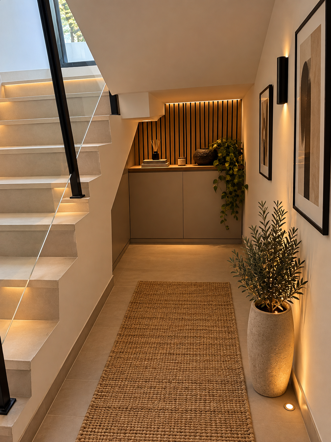 Open-riser stone staircase with a glass balustrade and a wood-topped landing nook with integrated lighting
