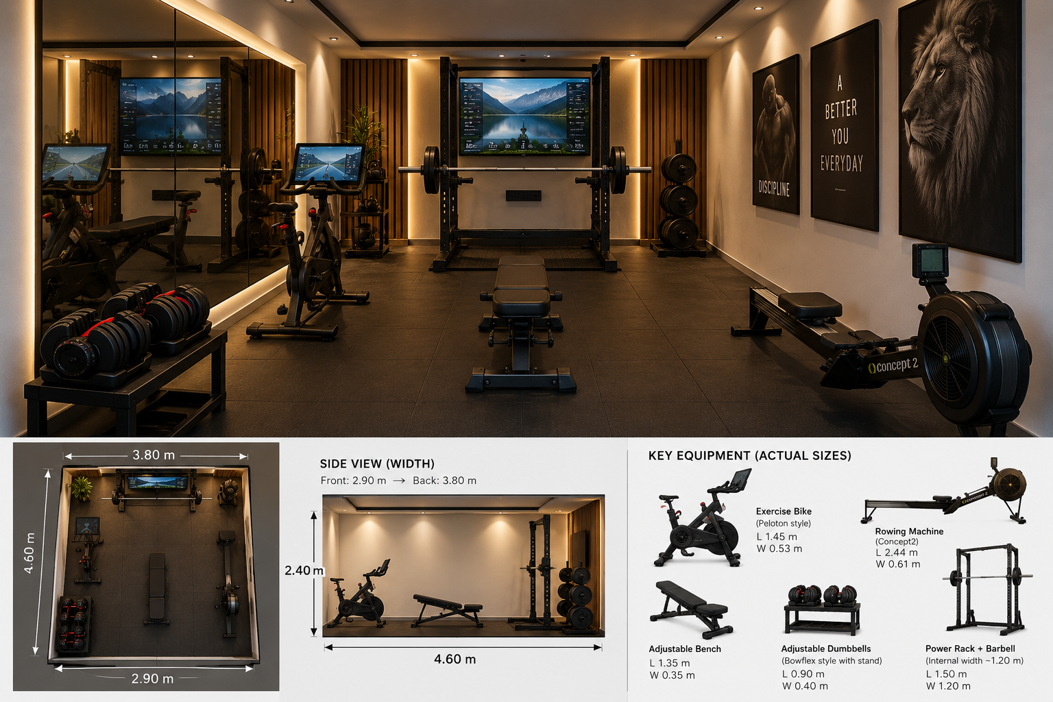 Gym concept layout — 3D render of a home gym with bike, power rack, bench, rowing machine and dumbbells, alongside a dimensioned floor plan, side elevation and an equipment sizing panel