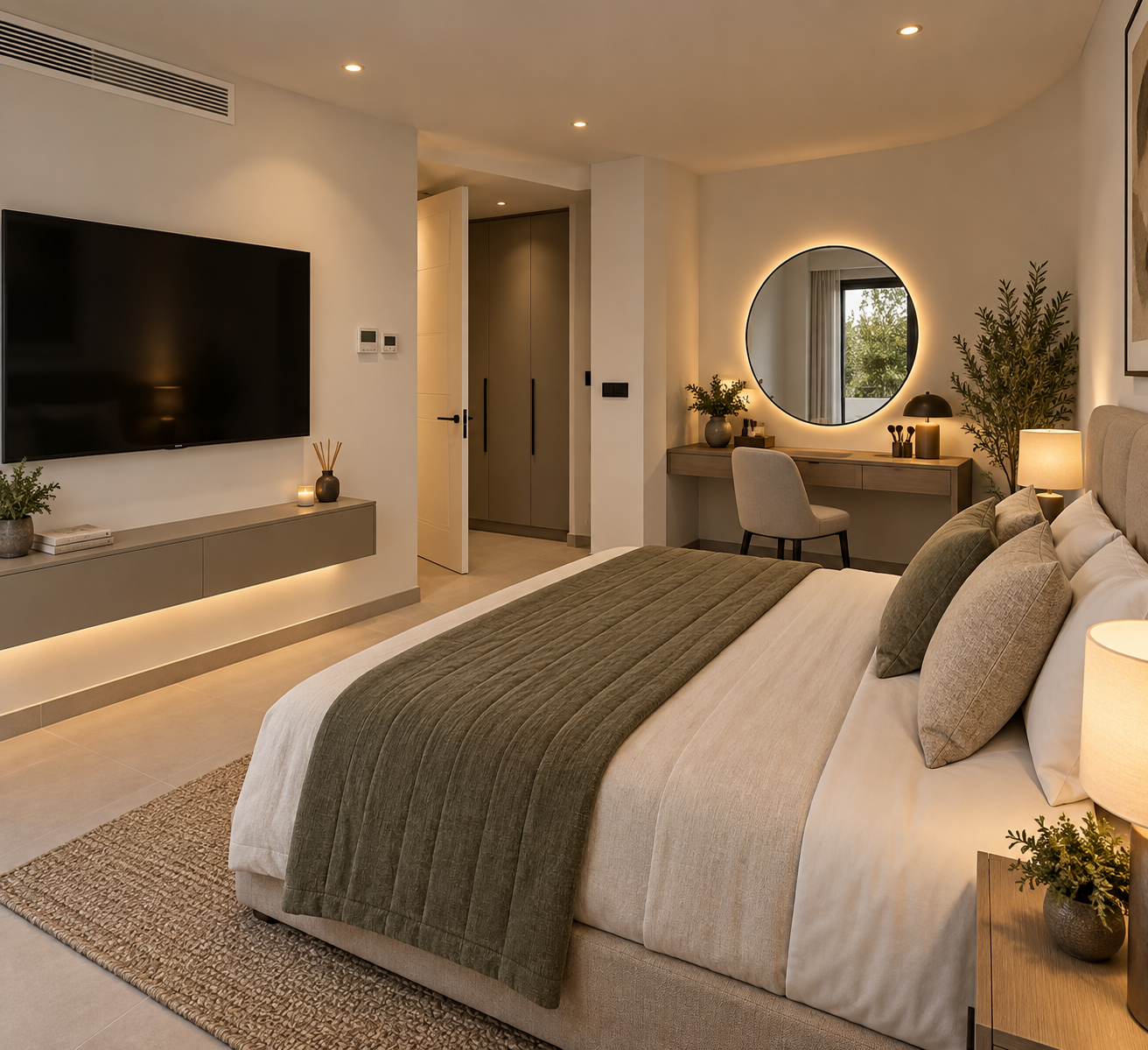 Contemporary bedroom with a padded headboard, olive-green linens, wall-mounted TV console and a backlit round mirror